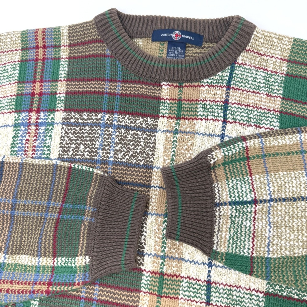 Cotton Traders Mens XL Patchwork Plaid Crewneck Sweater Green Brown Knit RN43692